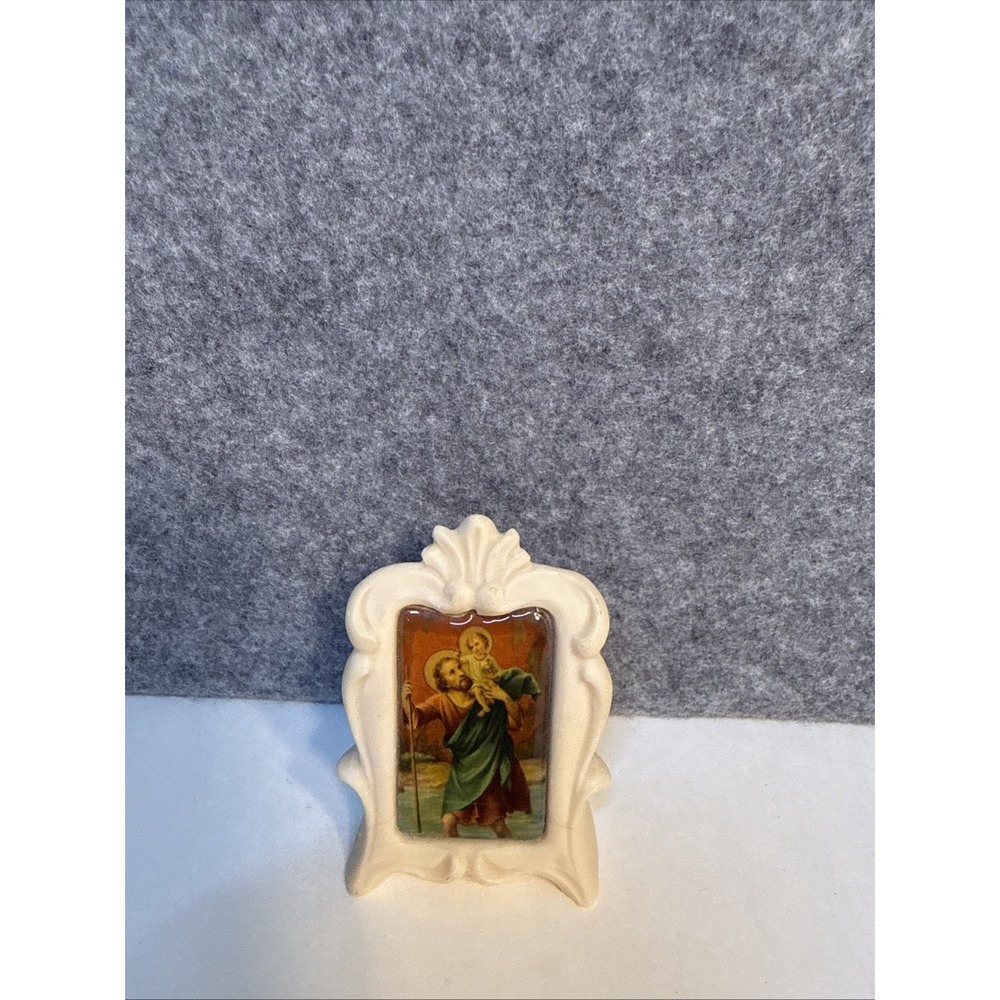 Vintage Italian St Christopher Miniature Devotional Plaque Stone Resin Frame